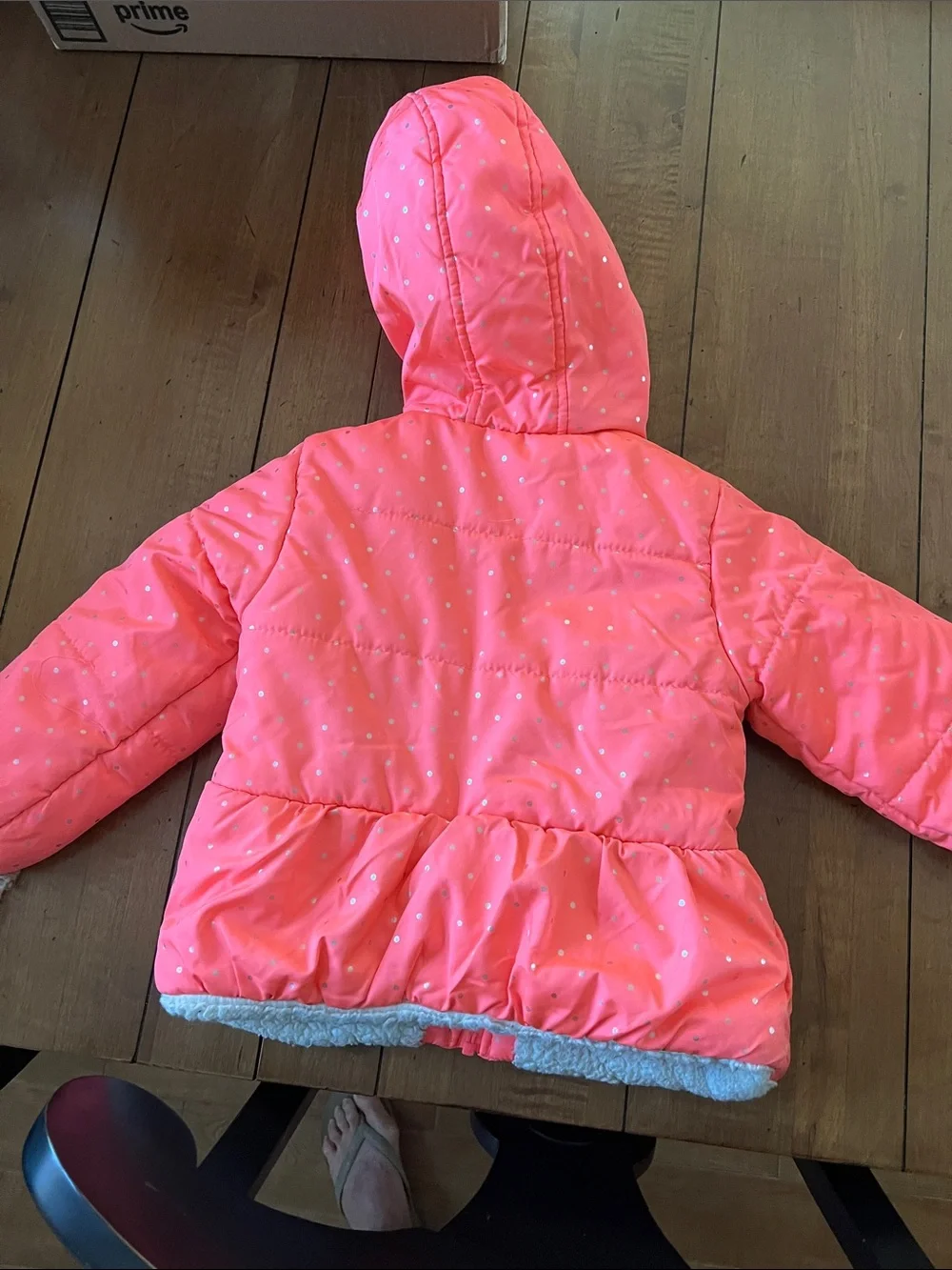 Kids Hooded Puffer Jacket in Coral  with Dots